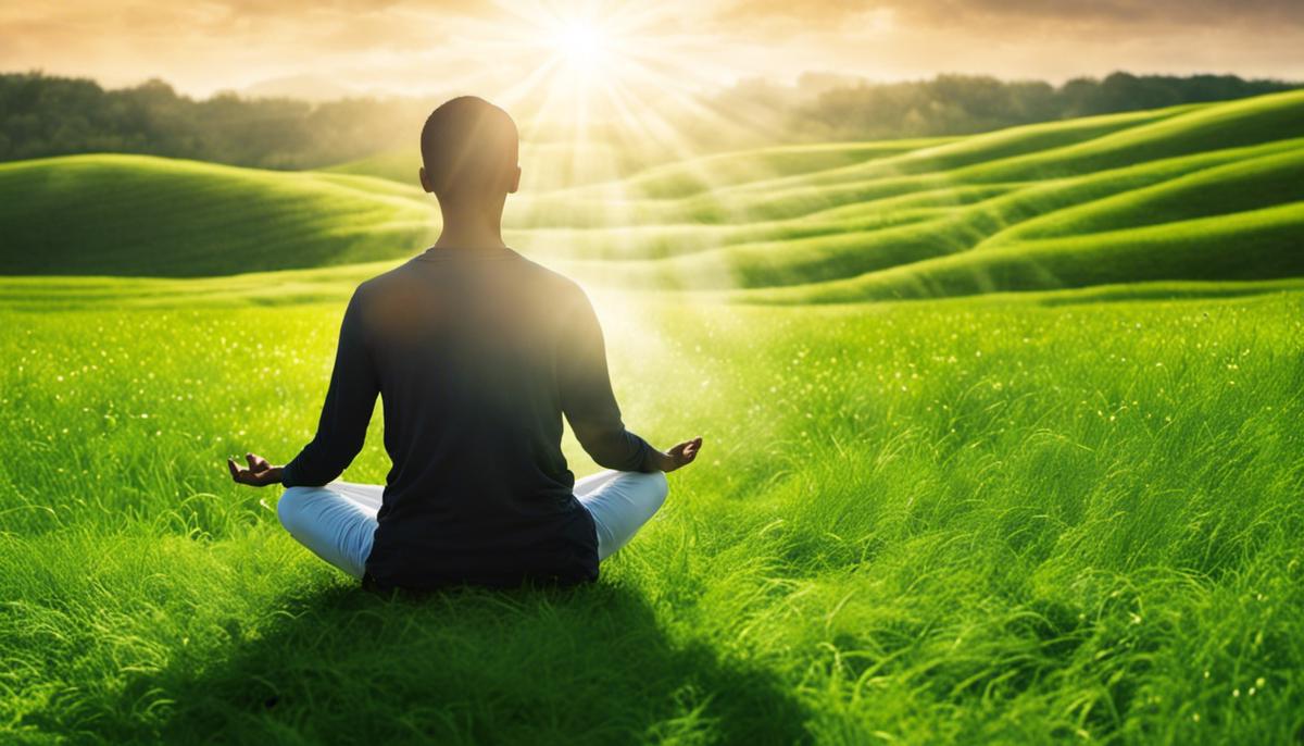 An image of a person meditating on a green field with rays of sunlight shining down, representing the harmonious connection between meditation and a positive mindset.